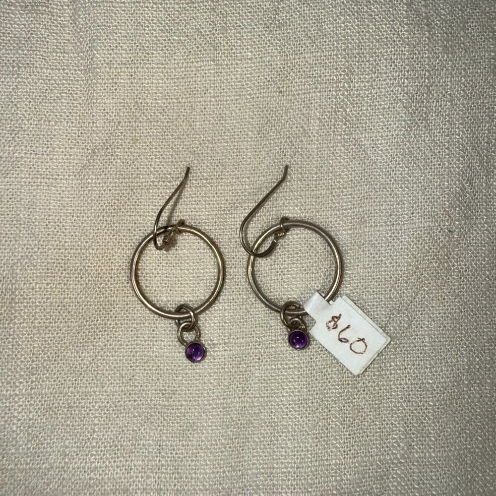 Hoop Dangle Earrings With Amethyst Stone Drop Minimalist Boho Artisan Jewelry